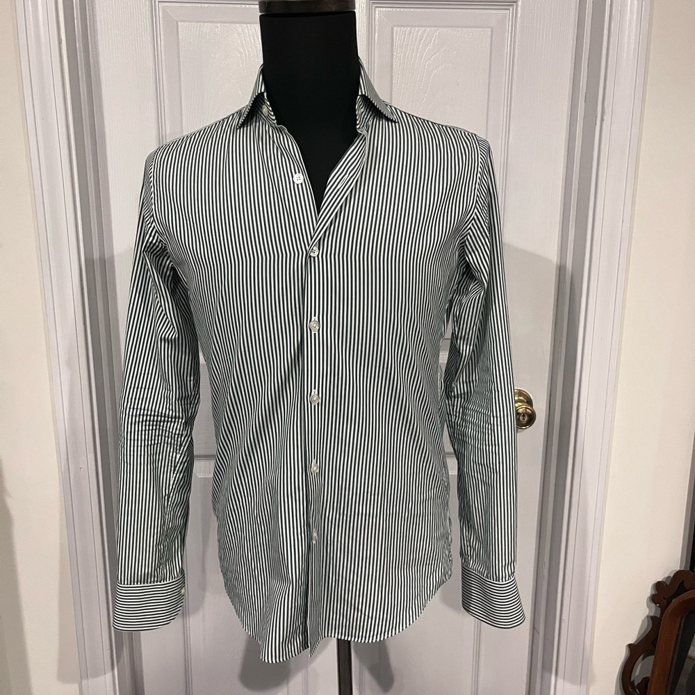 Proper Cloth Green and White Striped Dress Shirt Fits Small 14.5 Slim Fit